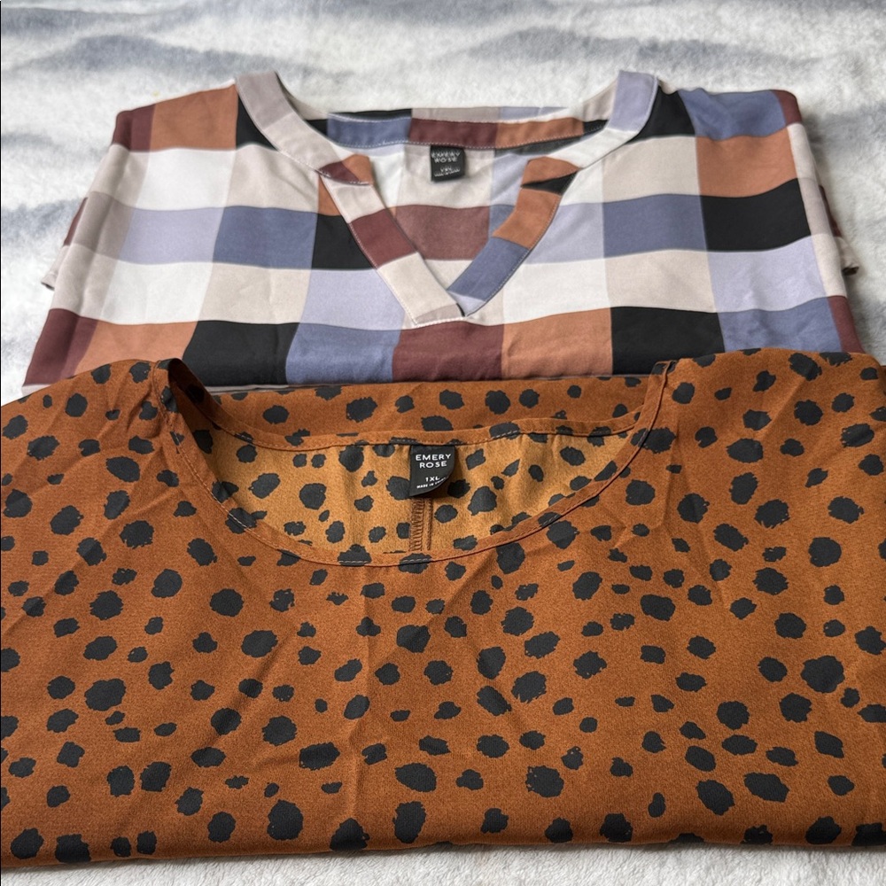 EMERY ROSE Blouse Lot 1XL Short Sleeve Pullover Plaid Polka Dot Multicolor